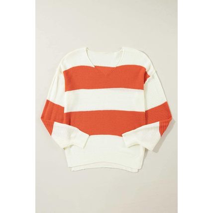 Orange Stripe Loose Color Block Drop Shoulder Bubble Sleeve Sweater