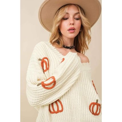 Beige Cable Knit Pumpkin Raw Hem V Neck Loose Sweater