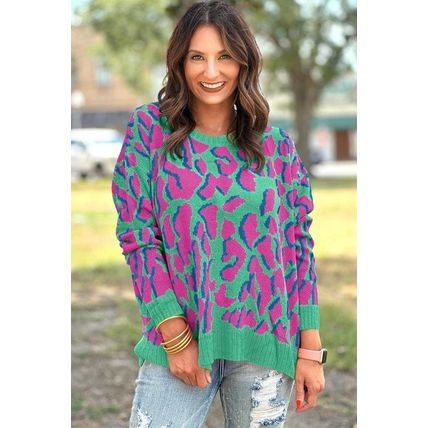 Green Abstract Print Ribbed Trim Baggy Sweater