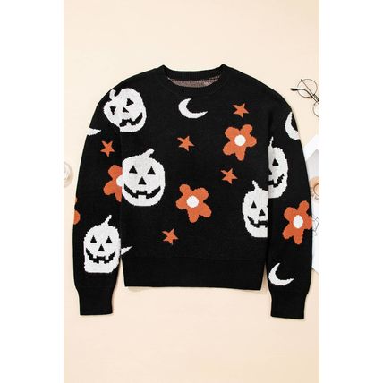Black Halloween Mythical Night Pattern Drop Shoulder Sweater
