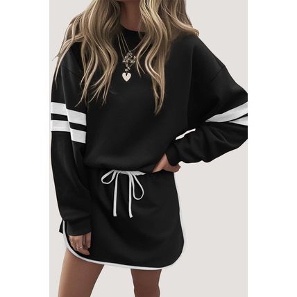 Black Varsity Stripe Detail Drop Shoulder Pullover Mini Skirt Set