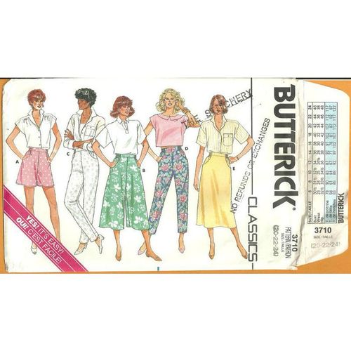 Butterick 3710 Sewing Pattern Misses' Shorts Pants Skirt Culottes Size 20 22 24