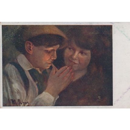 Schein Die Erste Zigarette Painting Antique Postcard