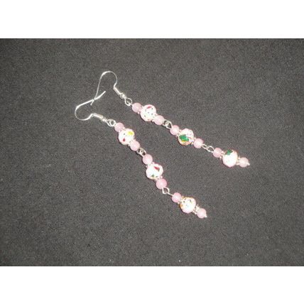 Special red green yellow on pink & pink glass long drop swing earrings