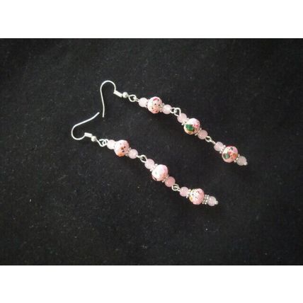 Special red green yellow on pink & pink glass long drop swing earrings