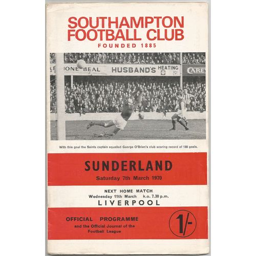 1969-70 SOUTHAMPTON v SUNDERLAND (VG Condition - No Writing) - With FLR