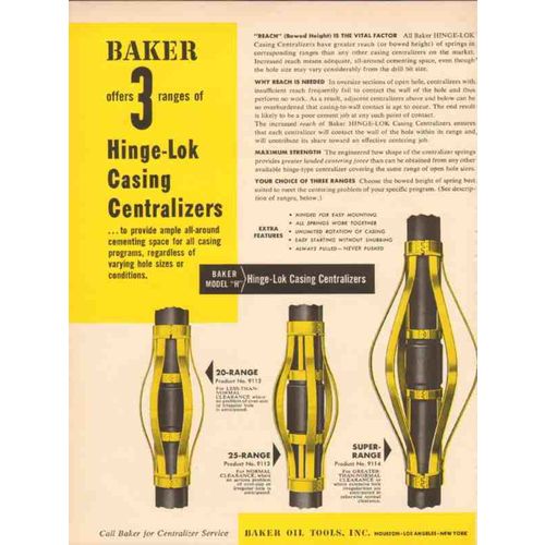 BAKER OIL TOOLS INC 1953 well Hinge-Lok casing centralizers vintage ad