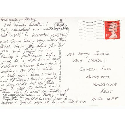 Crown Derby Cats Postcard posted 1999 VGC
