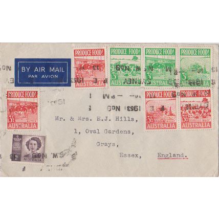 Australia 1953 cover to England with 7 Produce Food issues & 1 other stamp