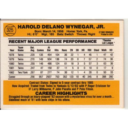 1983 Donruss baseball card 325 Butch Wynegar