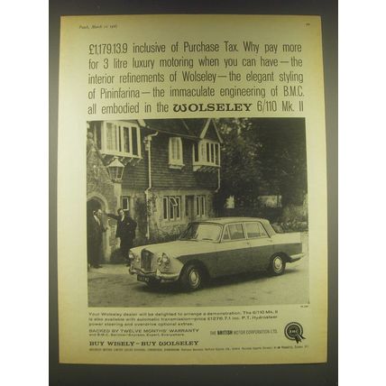 1965 Wolseley 6/110 Mk. II Car Advertisement - £1,179.13.9 inclusive of Puchase
