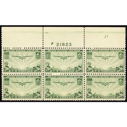 C21, Mint VF NH Top Plate Block of Six Stamps CV $85 * Stuart Katz