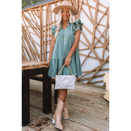 Green Tiered Ruffled Sleeves Mini Dress with Pockets
