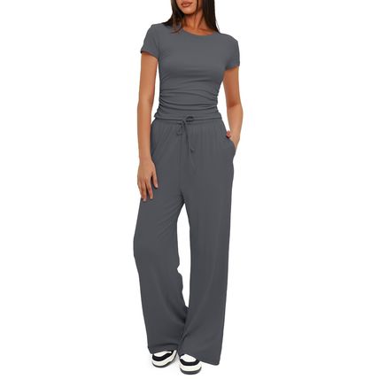 2pcs Solid Color Casual Sports Yoga Suit Short-sleeved Top And High-waisted Draw