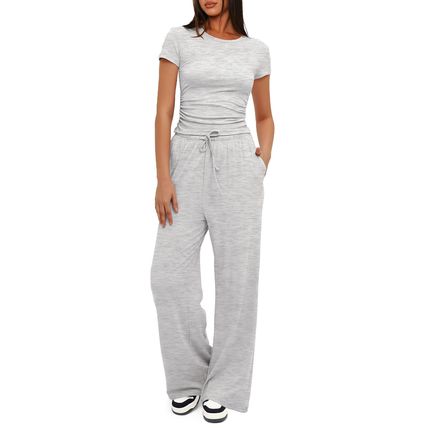 2pcs Solid Color Casual Sports Yoga Suit Short-sleeved Top And High-waisted Draw