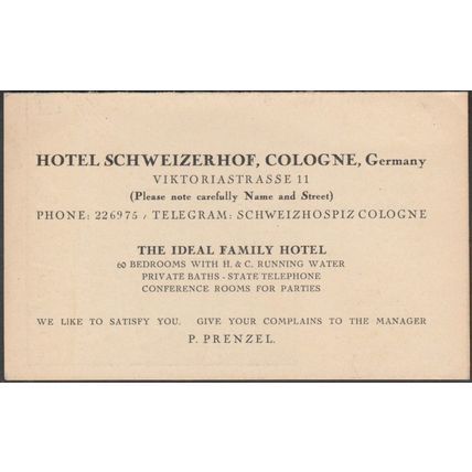 Information Card, Hotel Schweizerhof, Cologne, c.1920s