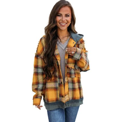 Orange Plaid Patch Hooded Frayed Snap Button Jacket