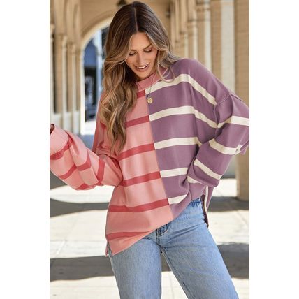Pink Stripe Colorblock Oversized Sweater