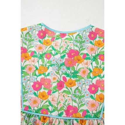 Green Floral Print Striped Trim Tie Neck Puff Sleeve Babydoll Blouse