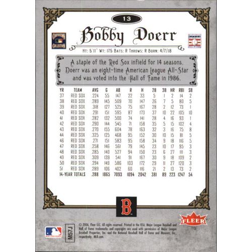 2006 Fleer Greats of the Game Bobby Doerr #13