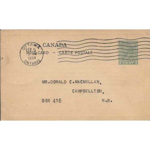 Canada #P52fv Postal Card Medallion USED 1934 Brown Paper Stock