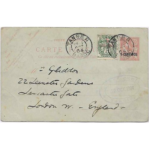 Tangier Morocco, overprinted Postal Card 1904 uprated to England