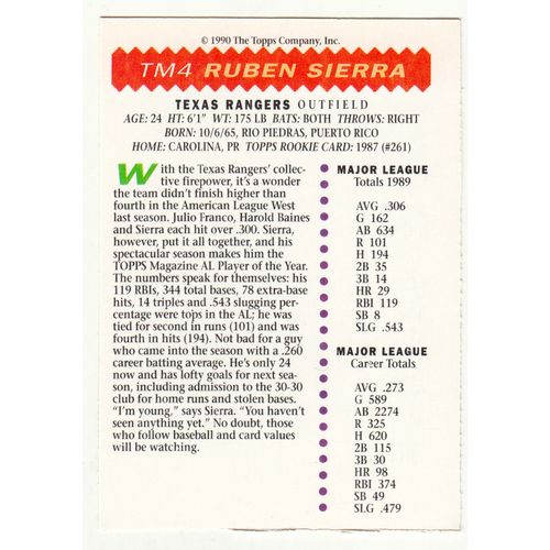 1990 Topps Magazine baseball TM4 Ruben Sierra insert card –NM- Rangers