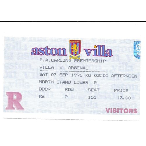 Aston Villa v Arsenal 1996/1997 Premier League Football Ticket