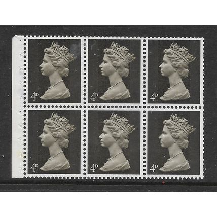 GREAT BRITAIN 1968 BOOKLET PANE 4d DEEP SEPIA 2 BANDS 6 VALS SG731 UM MINT