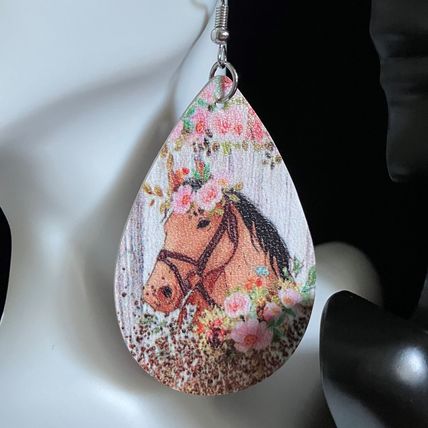 Earrings Flower Horse Head PU Leather #702