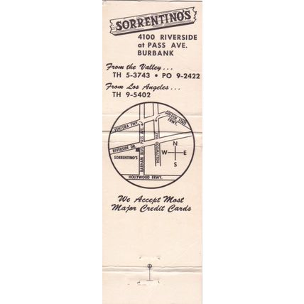 Sorrentino's Restaurant, Burbank, CA - Vintage Matchbook Cover