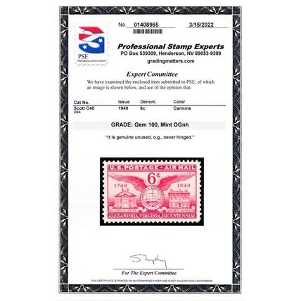 C40, Mint NH Superb GEM 6¢ With Graded 100 PSE Certificate Stuart Katz