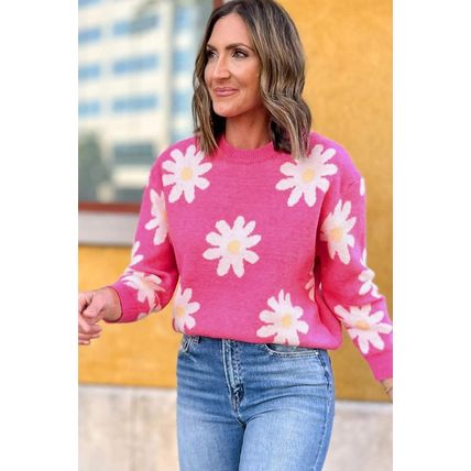 Bright Pink Daisy Flower Crew Neck Long Sleeve Sweater
