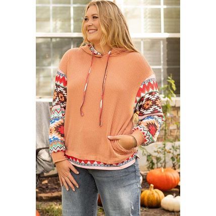 Khaki Aztec Patchwork Waffle Knit Plus Size Hoodie