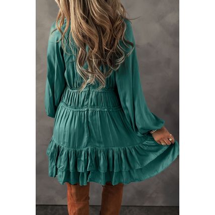 Mist Green Tiered Ruffled Puff Sleeve Loose Fit Mini Dress