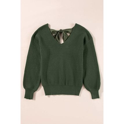 Jungle Green Lantern Sleeve V Neck Knot Back Sweater