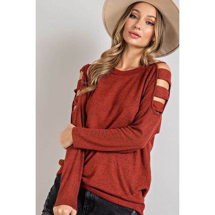 Orange Cutout Cold Shoulder Long Sleeve Top