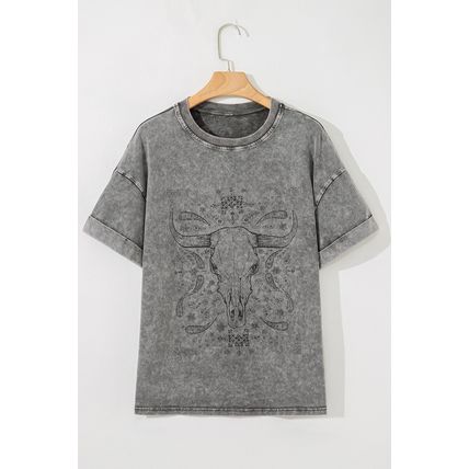 Light Grey Western Steer Head Tie Dye Print Crew Neck T Shirt