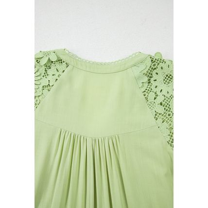 Laurel Green Floral Crochet Short Sleeve Notch V Neck Tiered Plus Size Mini Dres