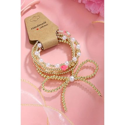 Gold Bow Knot Pearl Decor Beaded Plated Layered Bracelet
