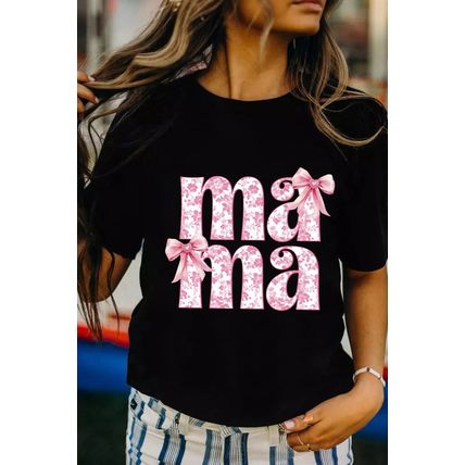 Black Floral Bow Mama Graphic Crewneck Tee