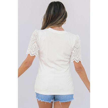 White Eyelet Pattern Short Sleeve Patchwork Ribbed Top