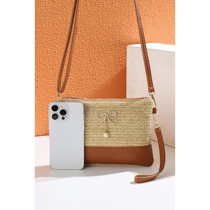 Beige Bow Pearl Decor Straw PU Leather Patched Crossbody Bag