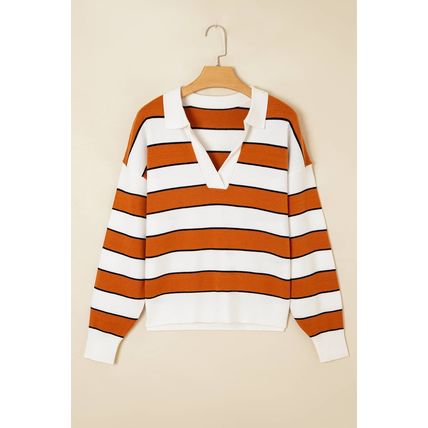 Brown Stripe Ribbed Polo Collar Drop Shoulder Sweater