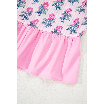 Rose Floral Striped Print Contrast Patchwork Ruffle Hem Blouse