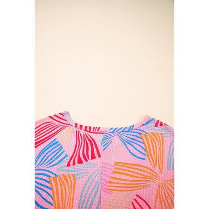 Pink Bowknot Printed Waffle Crewneck Loose Short Sleeve Top