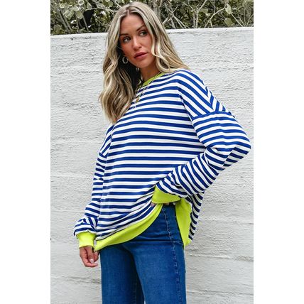 Sky Blue Stripe Striped Contrast Ribbed Trim Crossed Stitch Drop Shoulder Sweats
