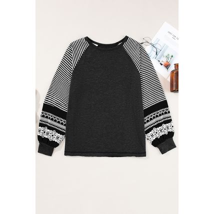 Black Contrast Print Striped Raglan Long Sleeve Loose Top