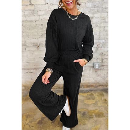 Black Textured Chest Pocket Long Sleeve Top 2Pcs Pants Set