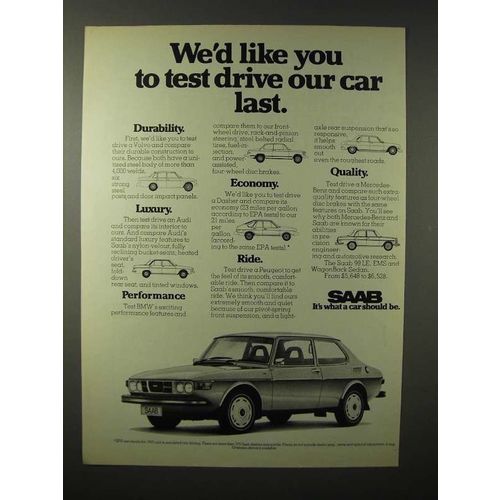 1975 Saab Car Ad - Test Drive Our Car Last